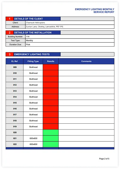 Emergency lighting monthly service report produced in Husky