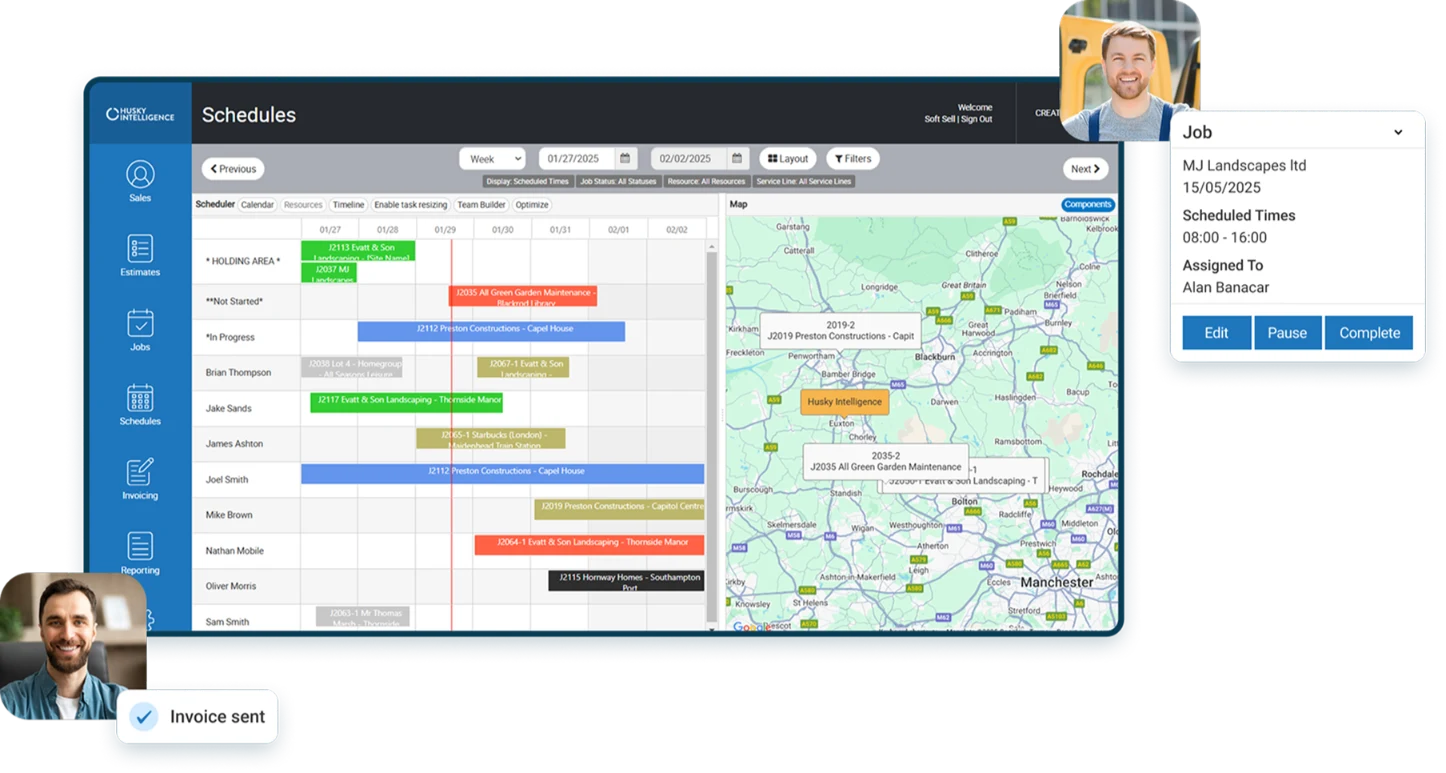 The Husky schedule board showing jobs planned across a week alongside a live map, with a job card open on mobile